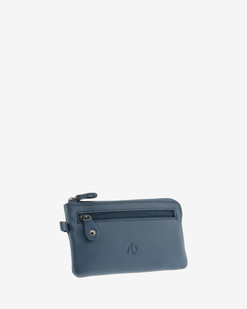 Monedero fino 8079 en color marino, vista tres cuartos frontal con bolsillo exterior de cremallera.