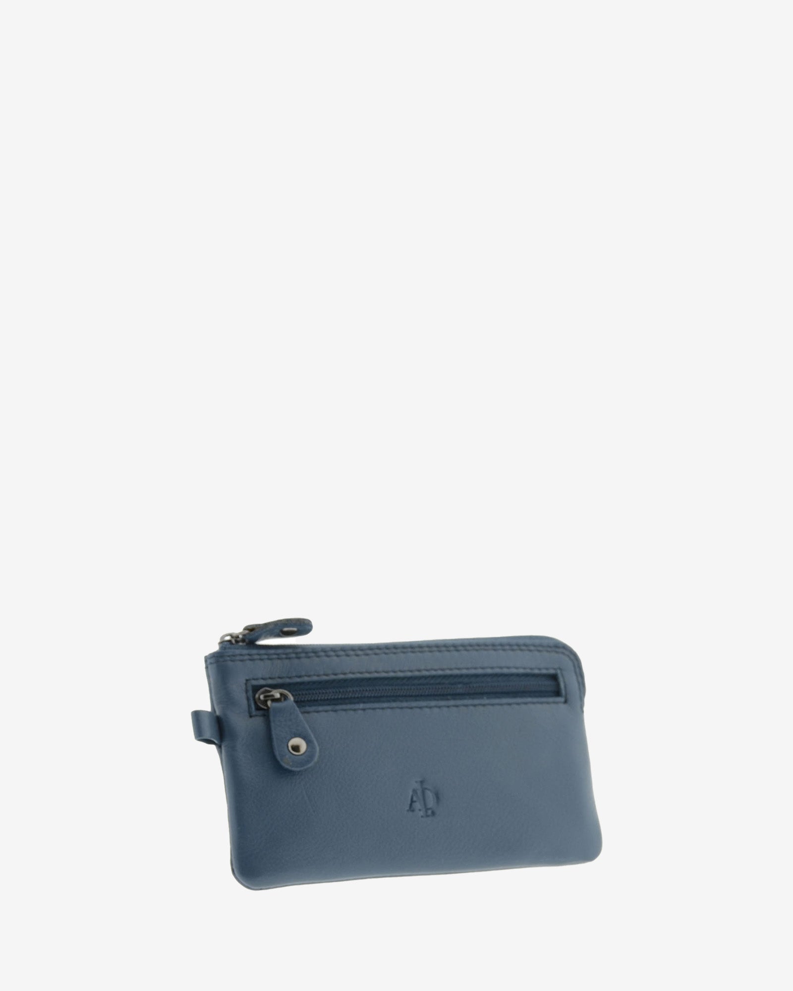 Monedero fino 8079 en color marino, vista tres cuartos frontal con bolsillo exterior de cremallera.