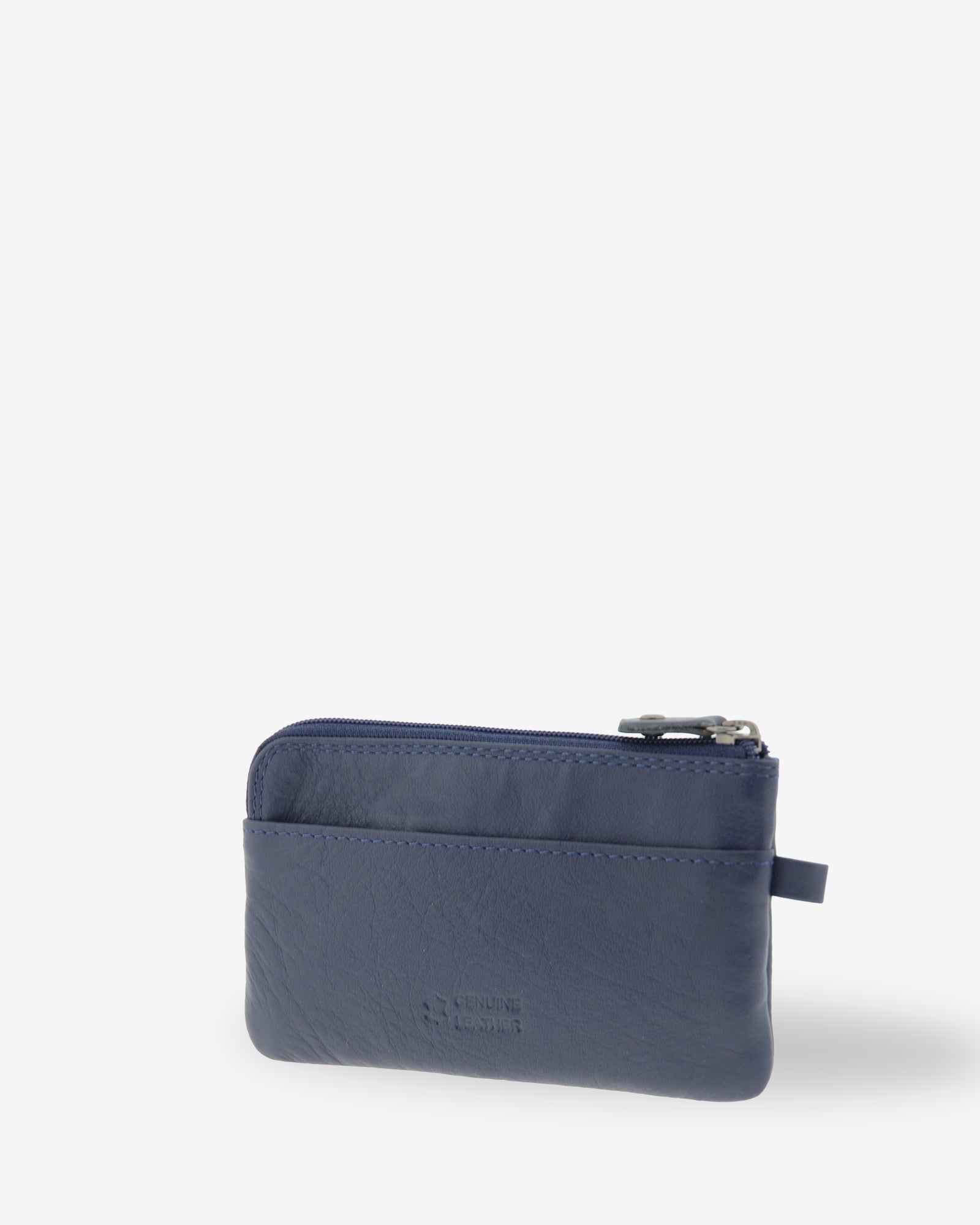 Monedero fino 8079 en color marino, vista tres cuartos posterior con ranura exterior.