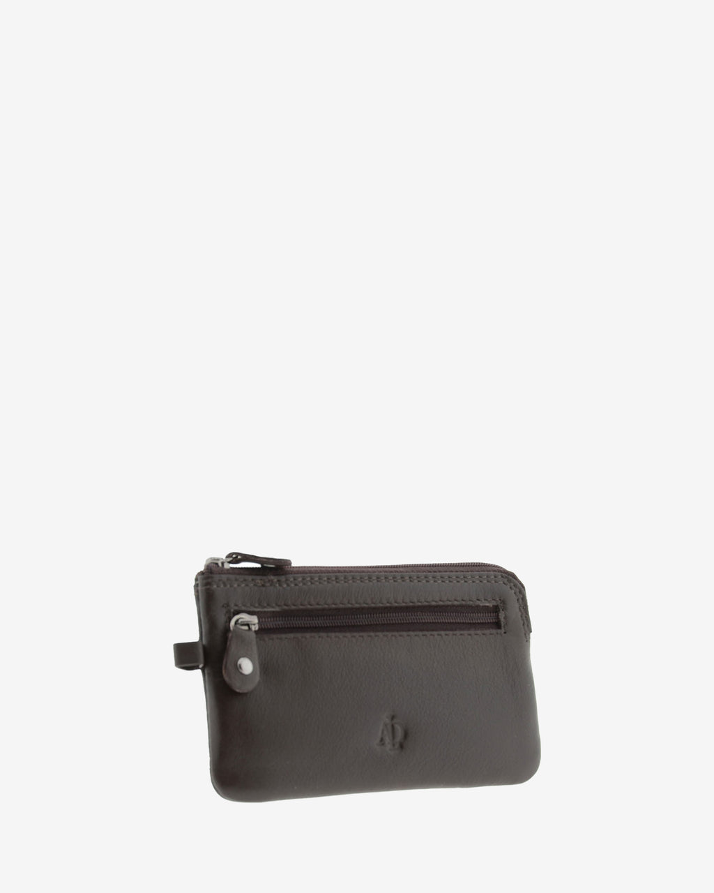 Monedero fino 8079 en color marrón, vista tres cuartos frontal con bolsillo exterior de cremallera.