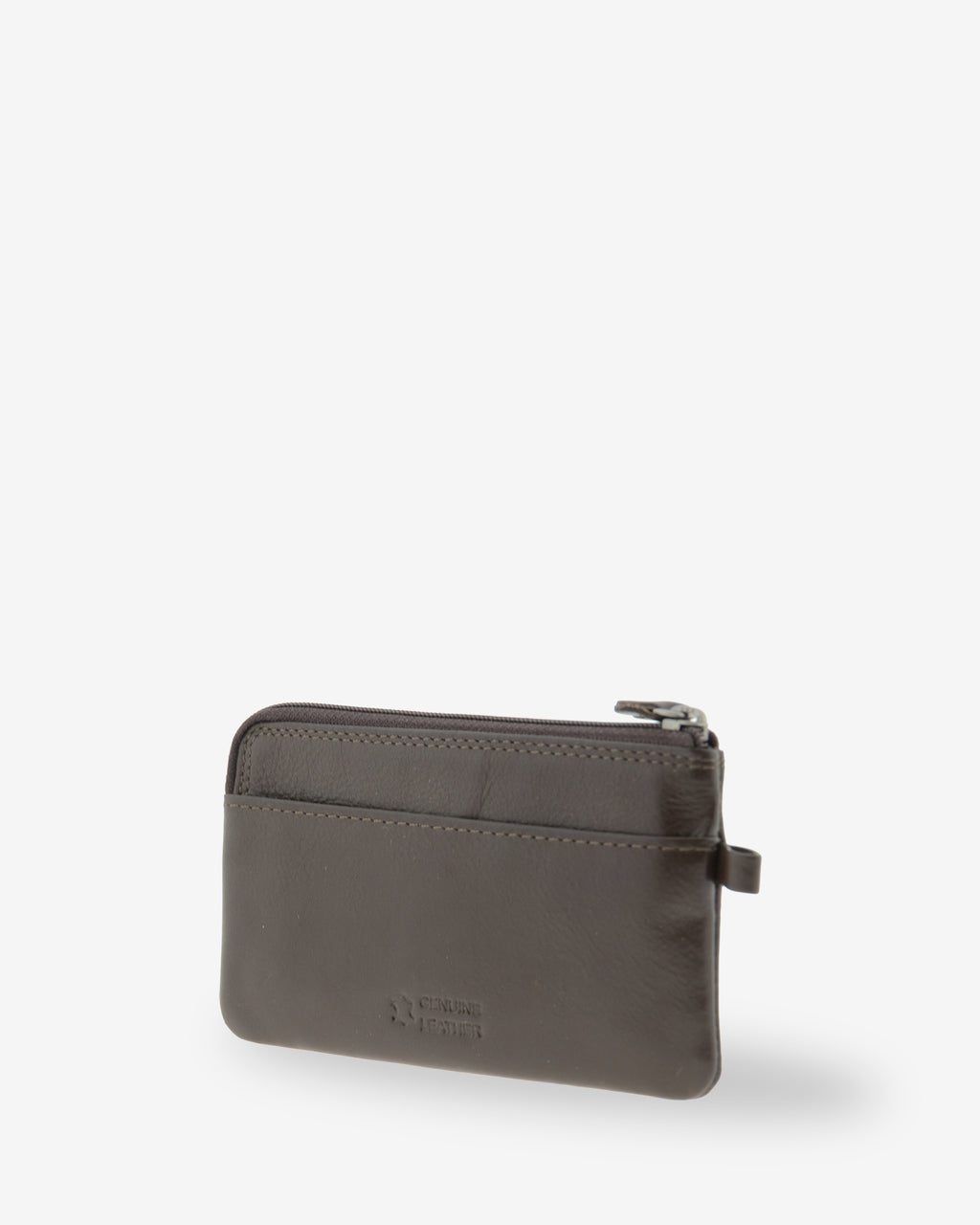 Monedero fino 8079 en color marrón, vista tres cuartos posterior con ranura exterior.