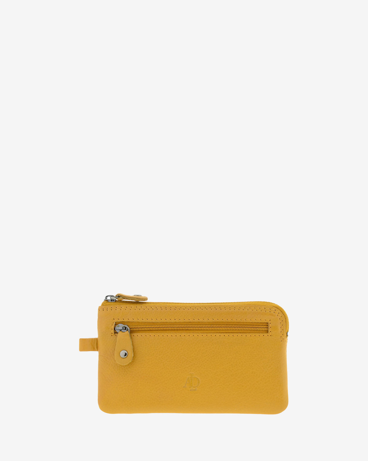 Monedero fino 8079 en color mostaza, vista frontal con bolsillo exterior de cremallera.