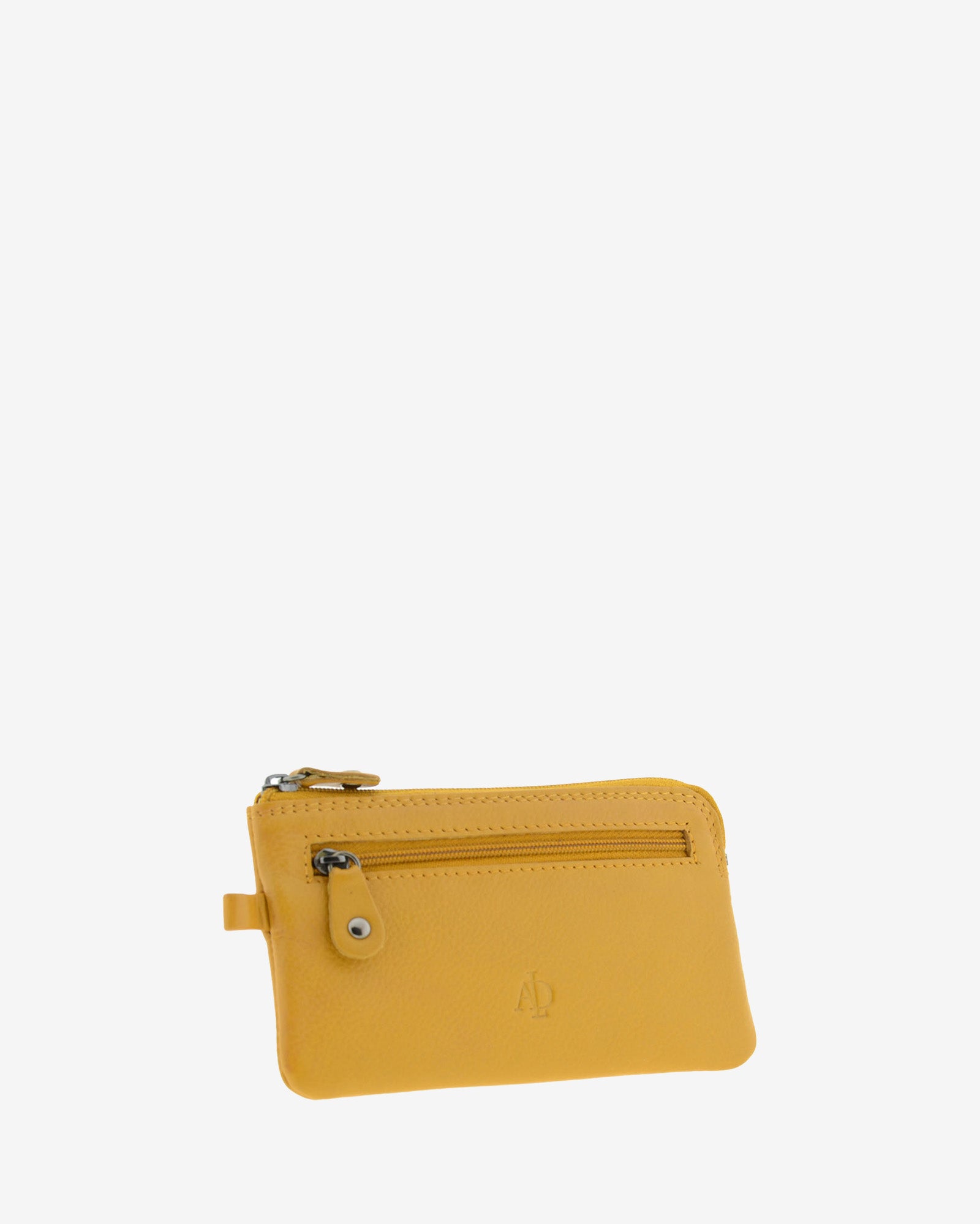 Monedero fino 8079 en color mostaza, vista tres cuartos frontal con bolsillo exterior de cremallera.