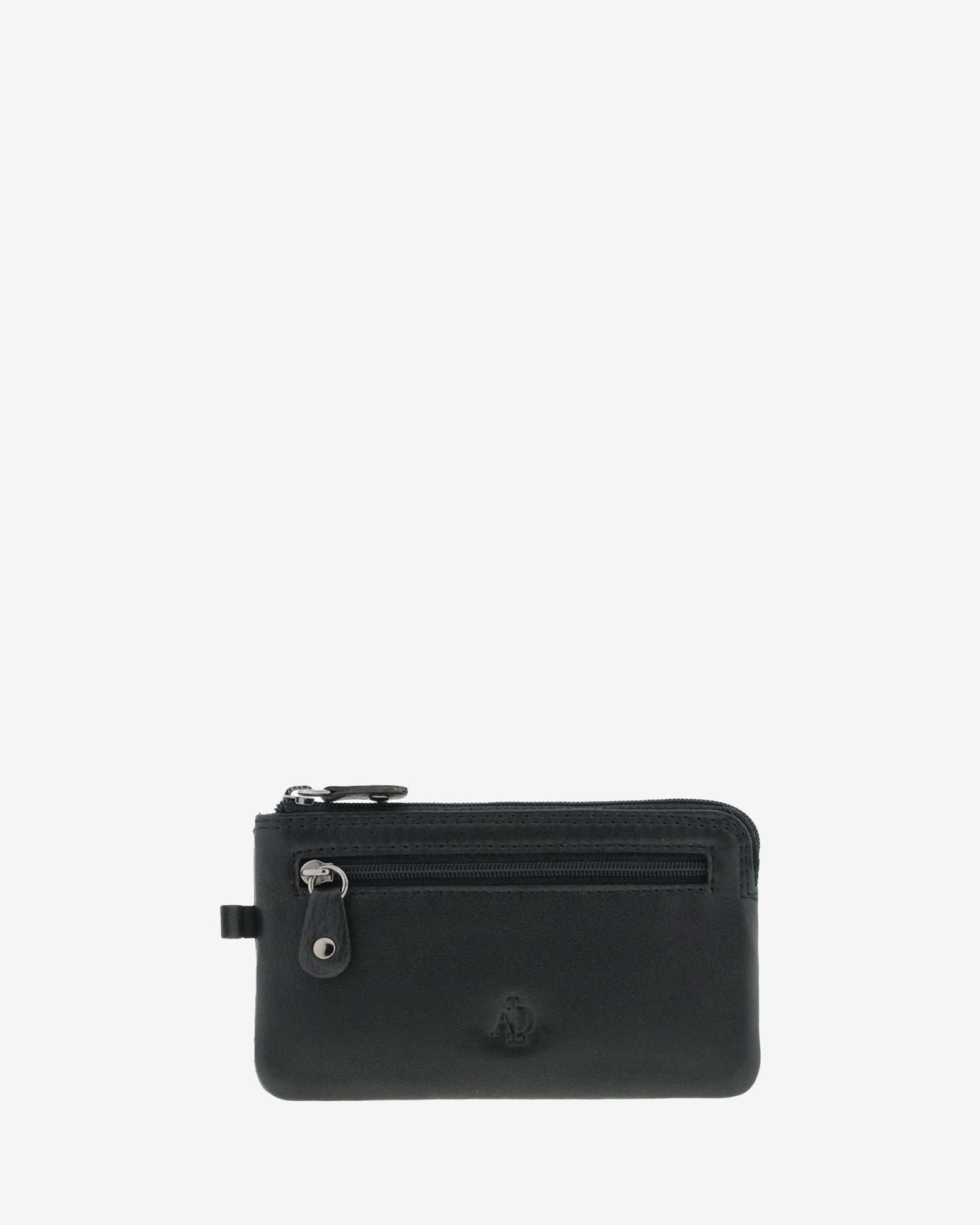 Monedero fino 8079 en color negro, vista frontal con bolsillo exterior de cremallera.