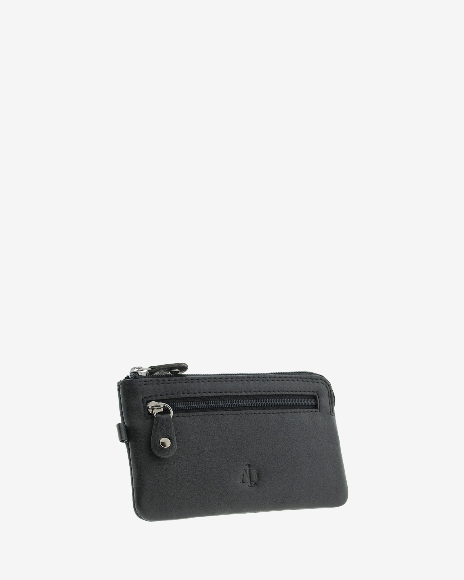 Monedero fino 8079 en color negro, vista tres cuartos frontal con bolsillo exterior de cremallera.