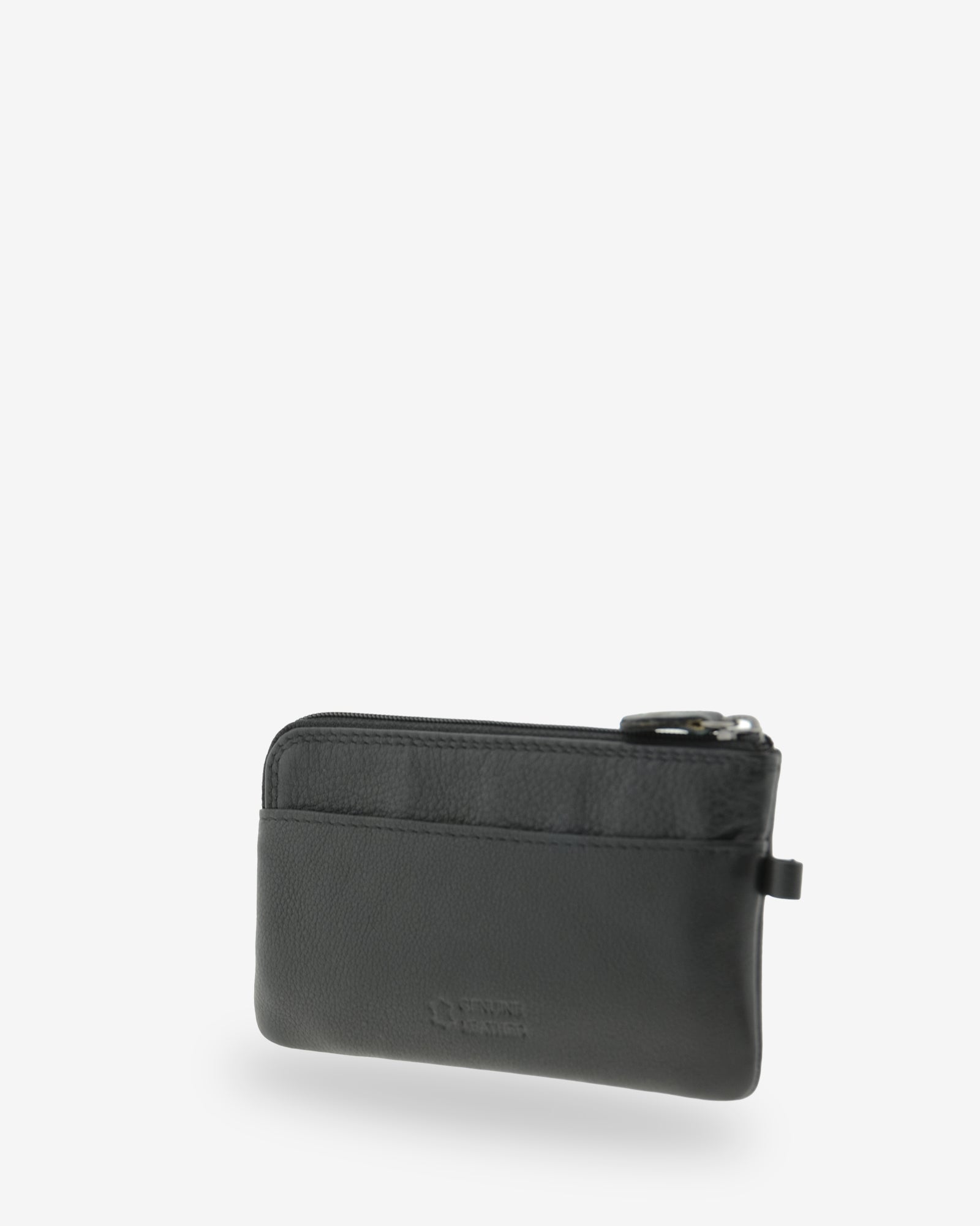 Monedero fino 8079 en color negro, vista tres cuartos posterior con ranura exterior.