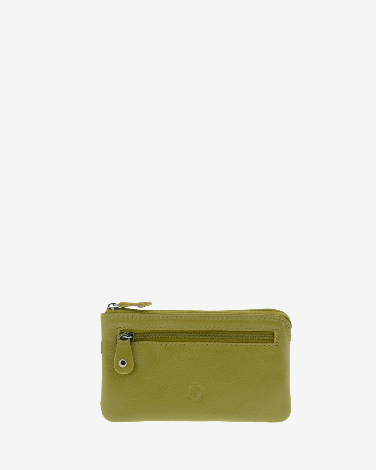 Monedero fino 8079 en color oliva, vista frontal con bolsillo exterior de cremallera.
