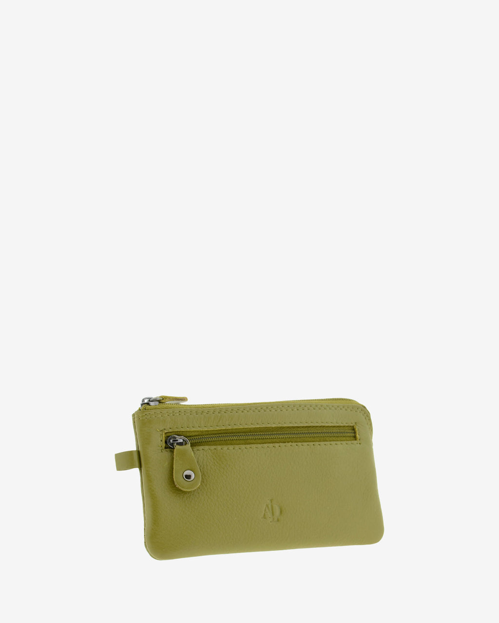 Monedero fino 8079 en color oliva, vista tres cuartos frontal con bolsillo exterior de cremallera.