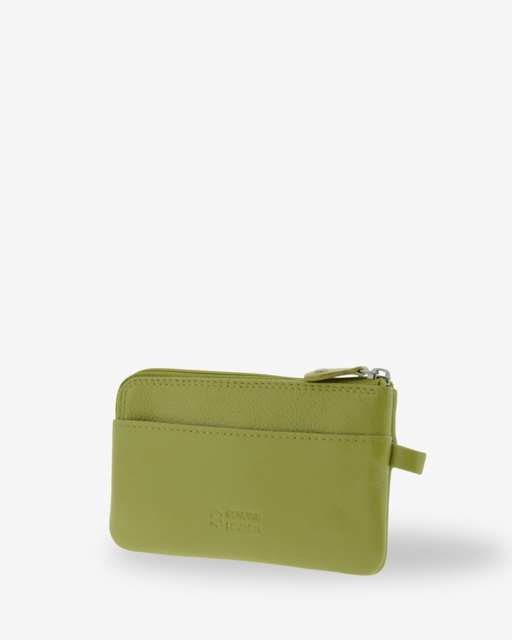 Monedero fino 8079 en color oliva, vista tres cuartos posterior con ranura exterior.