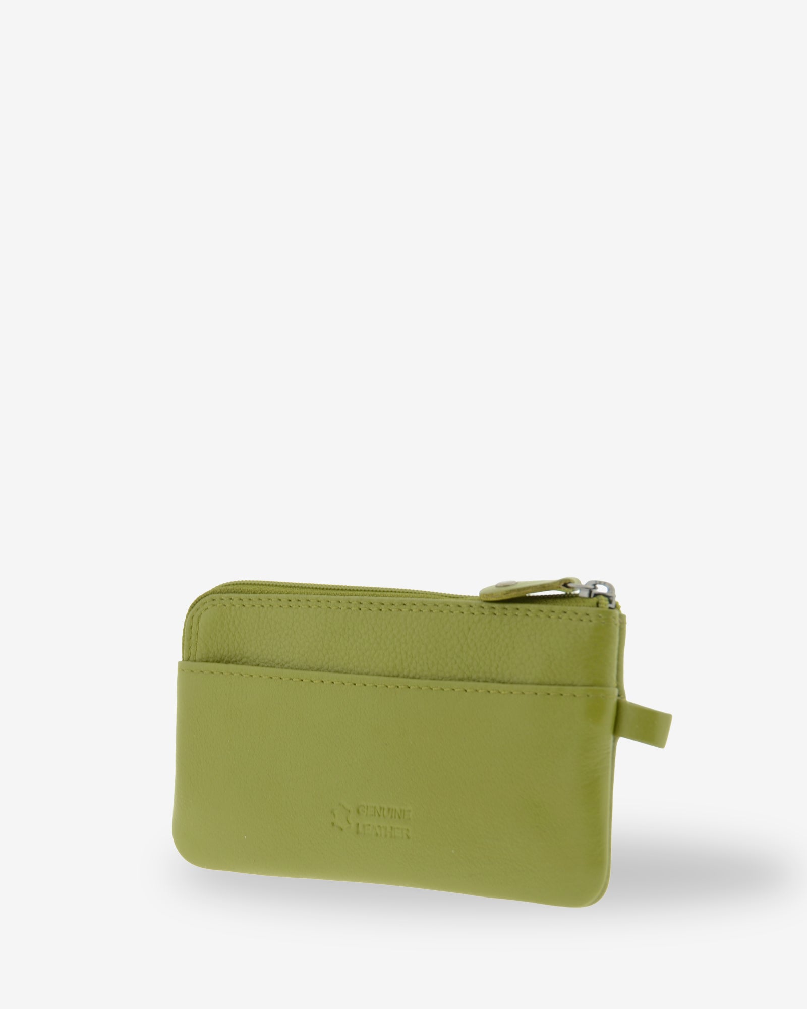 Monedero fino 8079 en color oliva, vista tres cuartos posterior con ranura exterior.
