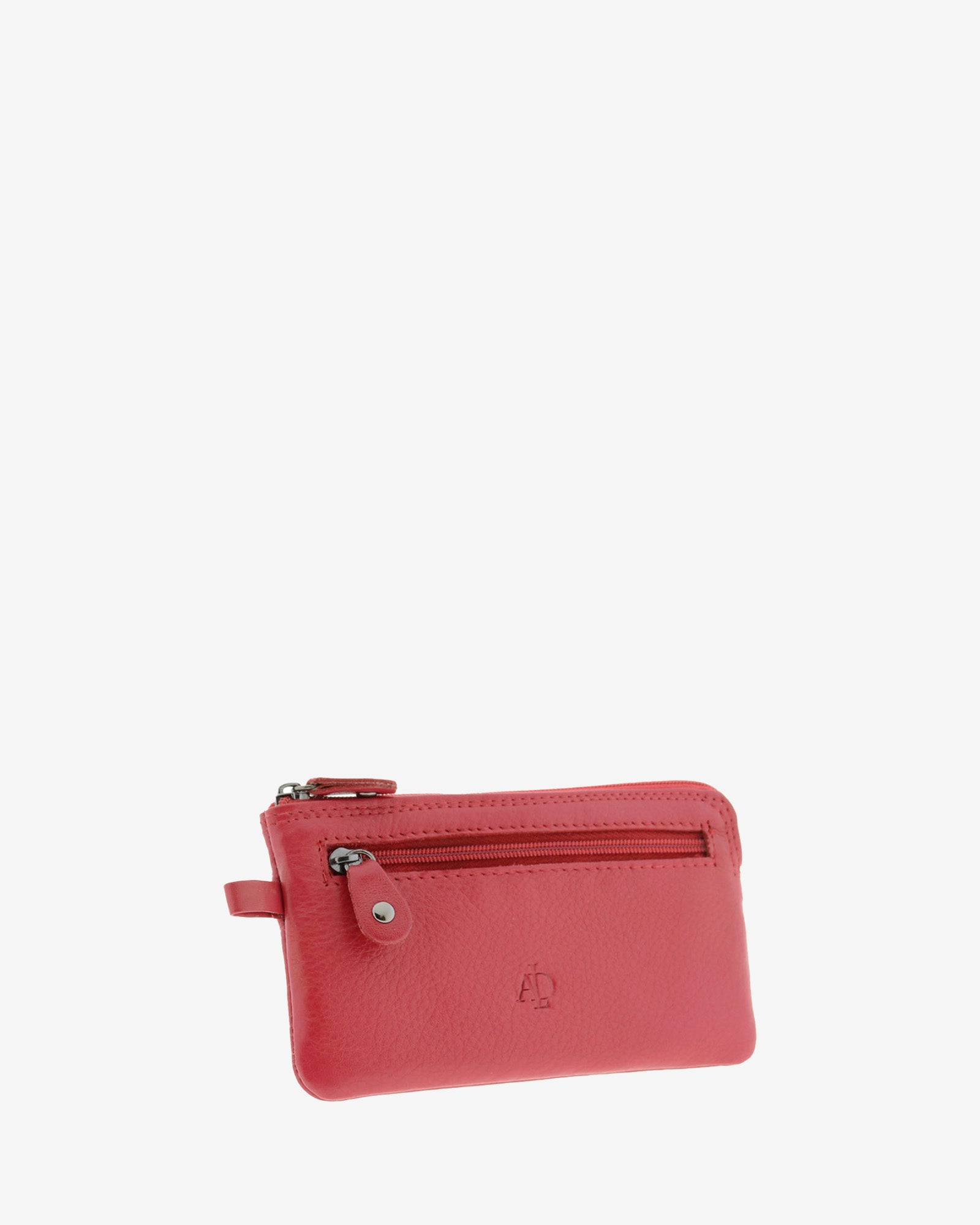 Monedero fino 8079 en color rojo, vista tres cuartos frontal con bolsillo exterior de cremallera.
