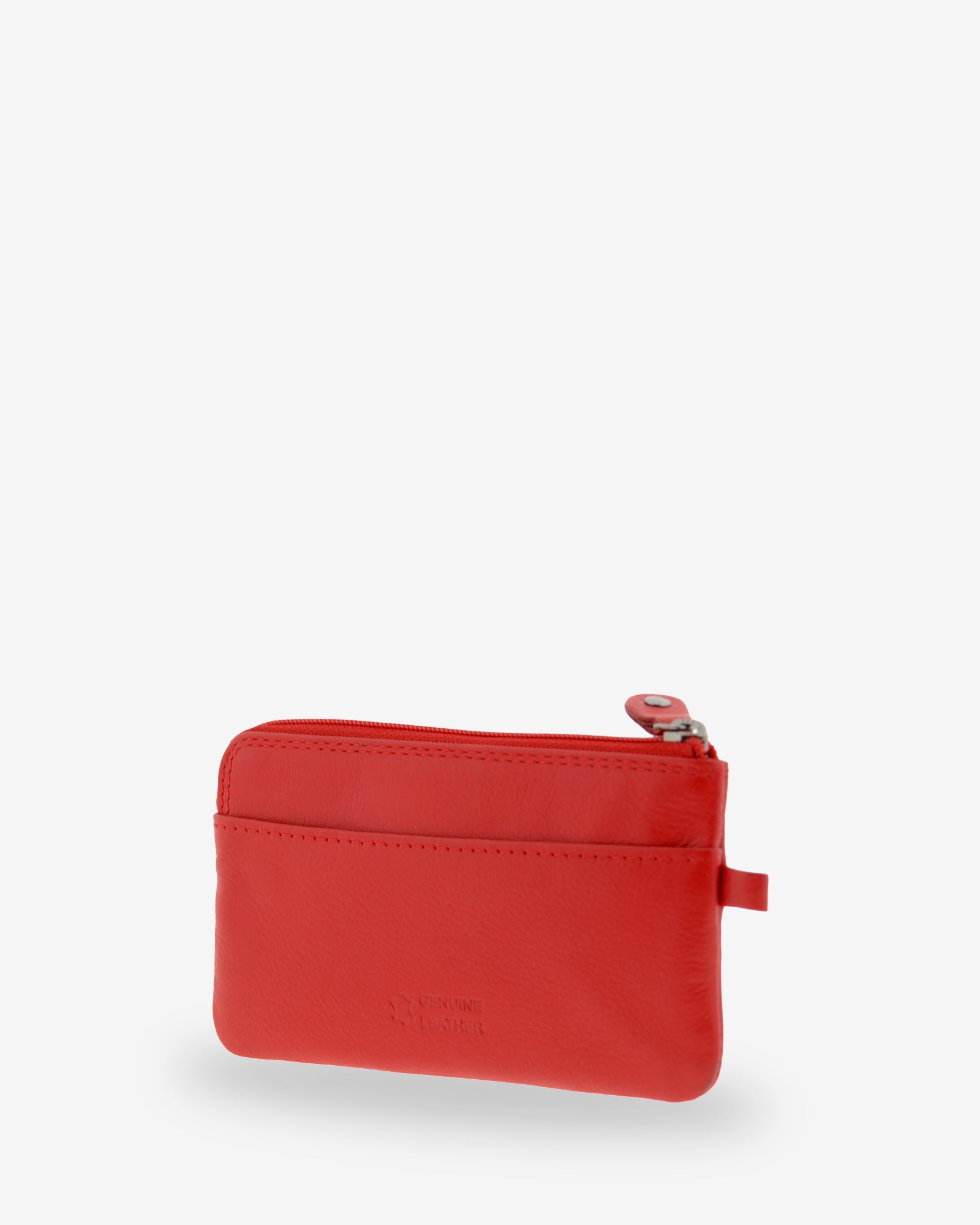 Monedero fino 8079 en color rojo, vista tres cuartos posterior con ranura exterior.