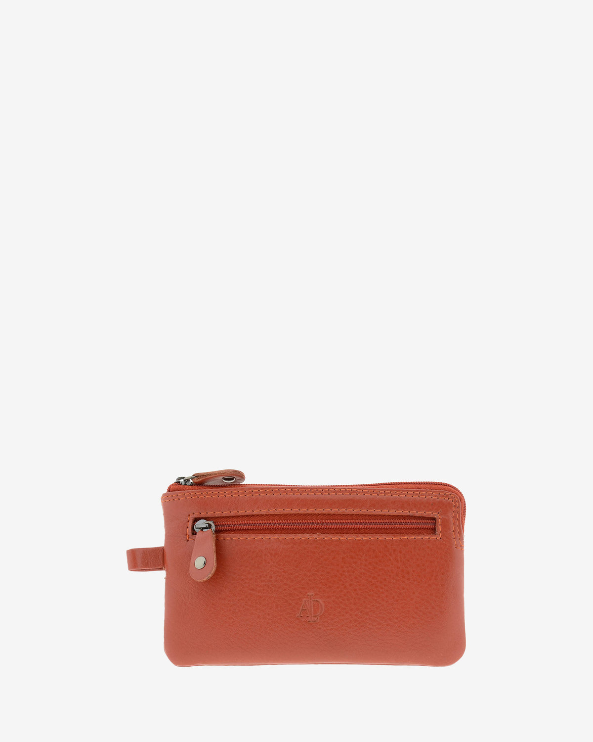 Monedero fino 8079 en color teja, vista frontal con bolsillo exterior de cremallera.