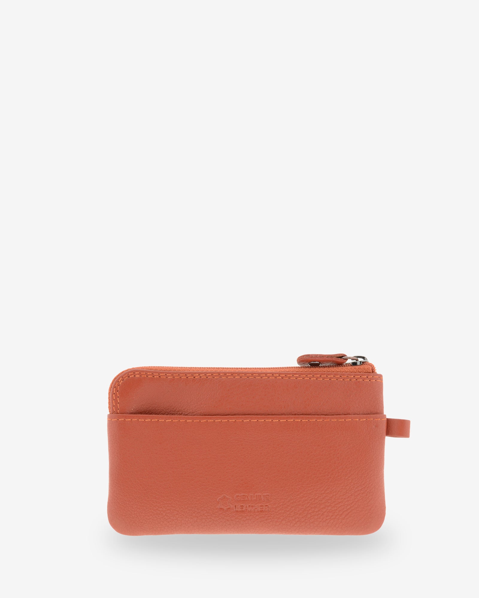 Monedero fino 8079 en color teja, vista posterior con ranura exterior.