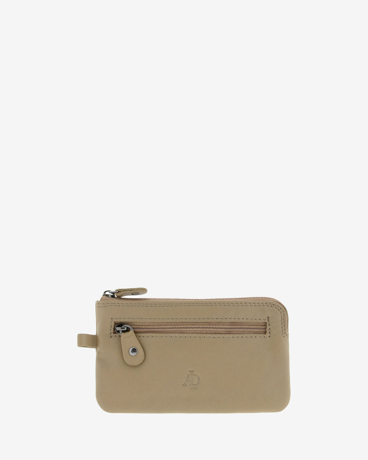 Monedero fino 8079 en color topo, vista frontal con bolsillo exterior de cremallera.