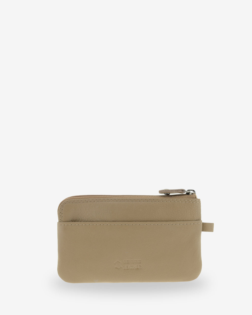 Monedero fino 8079 en color topo, vista posterior con ranura exterior.