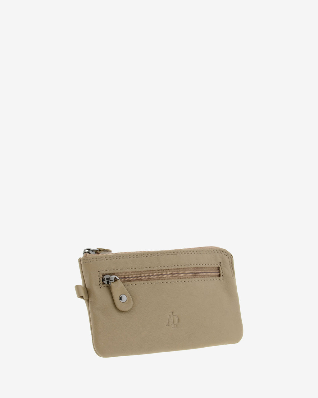 Monedero fino 8079 en color topo, vista tres cuartos frontal con bolsillo exterior de cremallera.