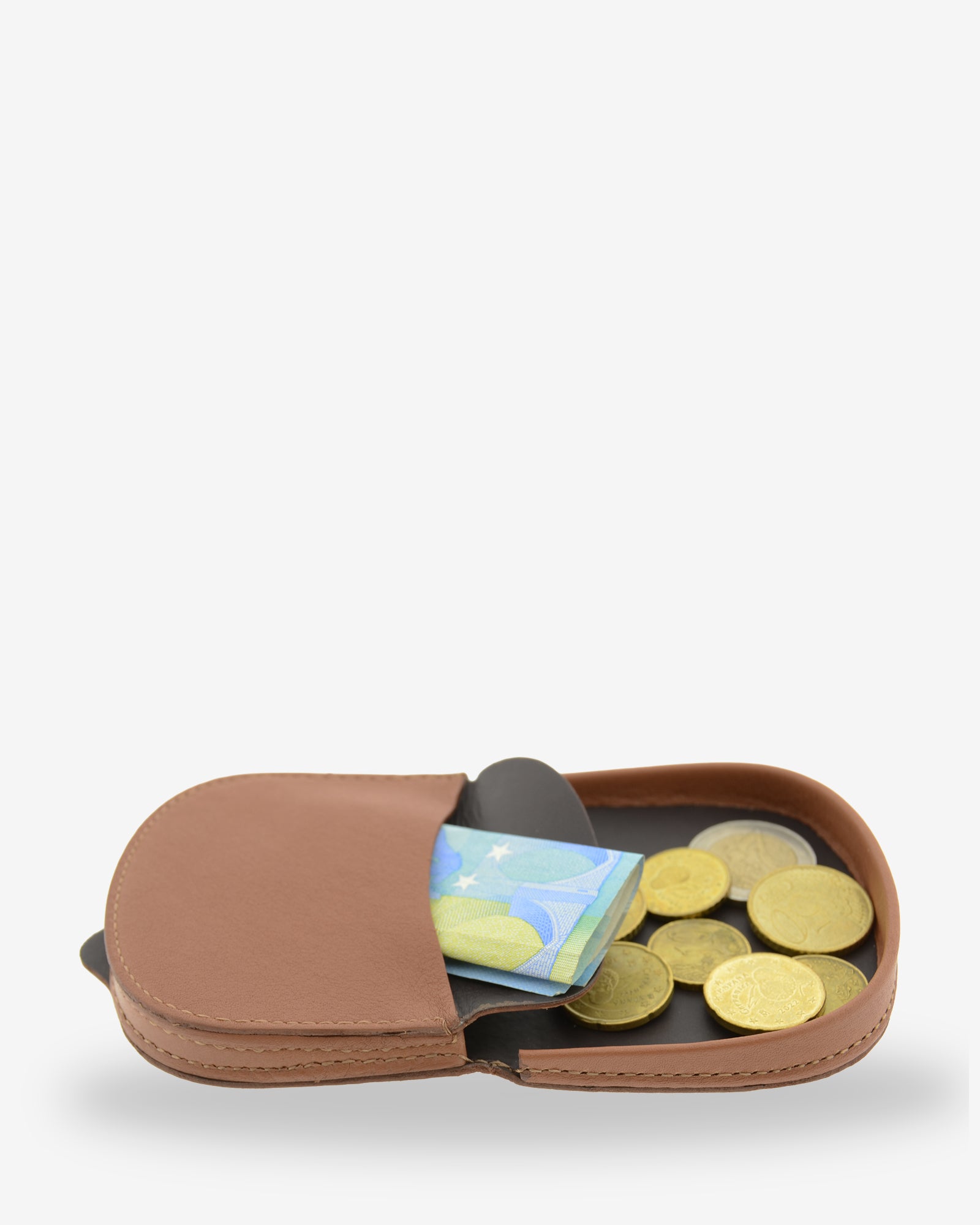 Monedero taco 8101 en color cuero, interior abierto con monedas y un billete