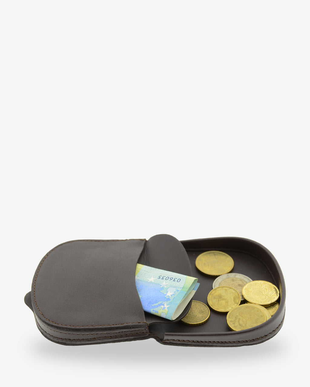 Monedero taco 8101 en color marrón, interior abierto con monedas y un billete