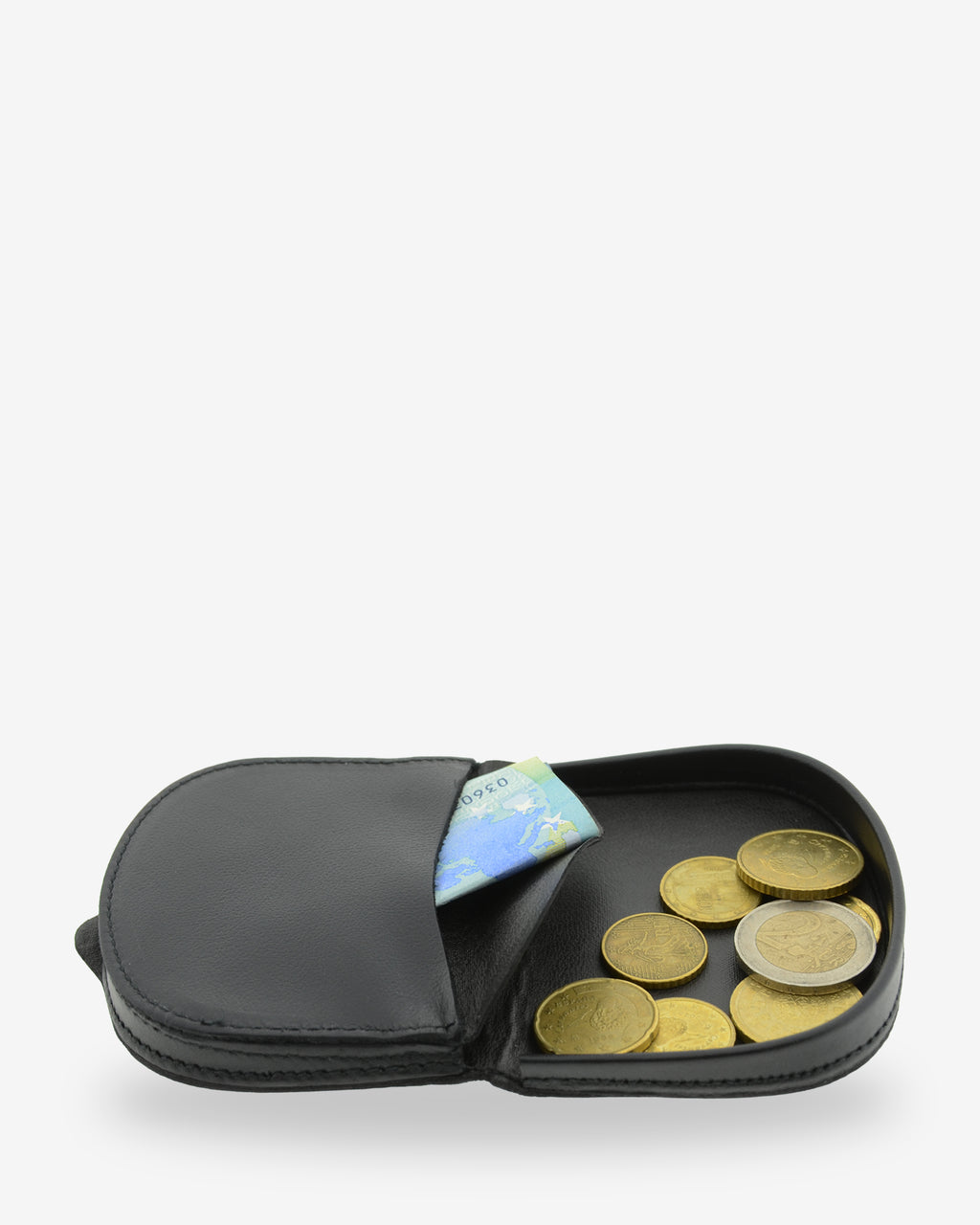 Monedero taco 8101 en color negro, interior abierto con monedas y un billete