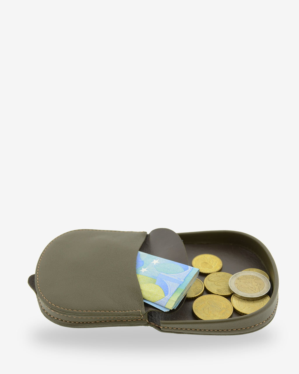 Monedero taco 8101 en color verde, interior abierto con monedas y un billete