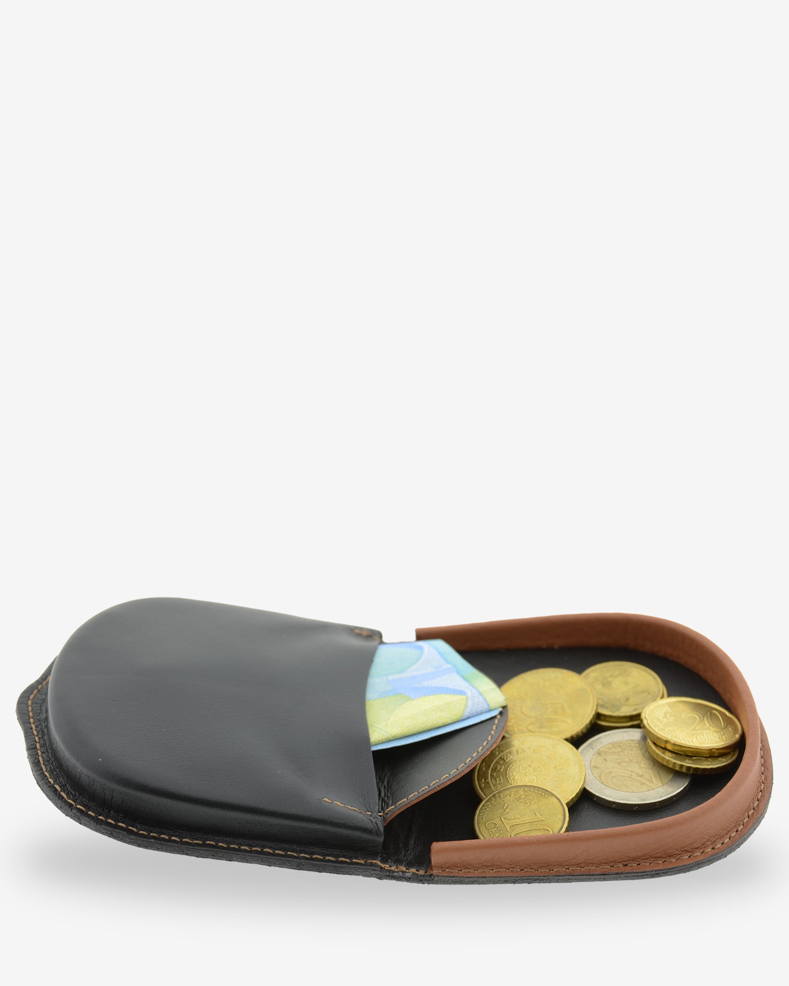 Monedero taco embutido 8102 en negro y cuero, interior abierto con monedas y un billete