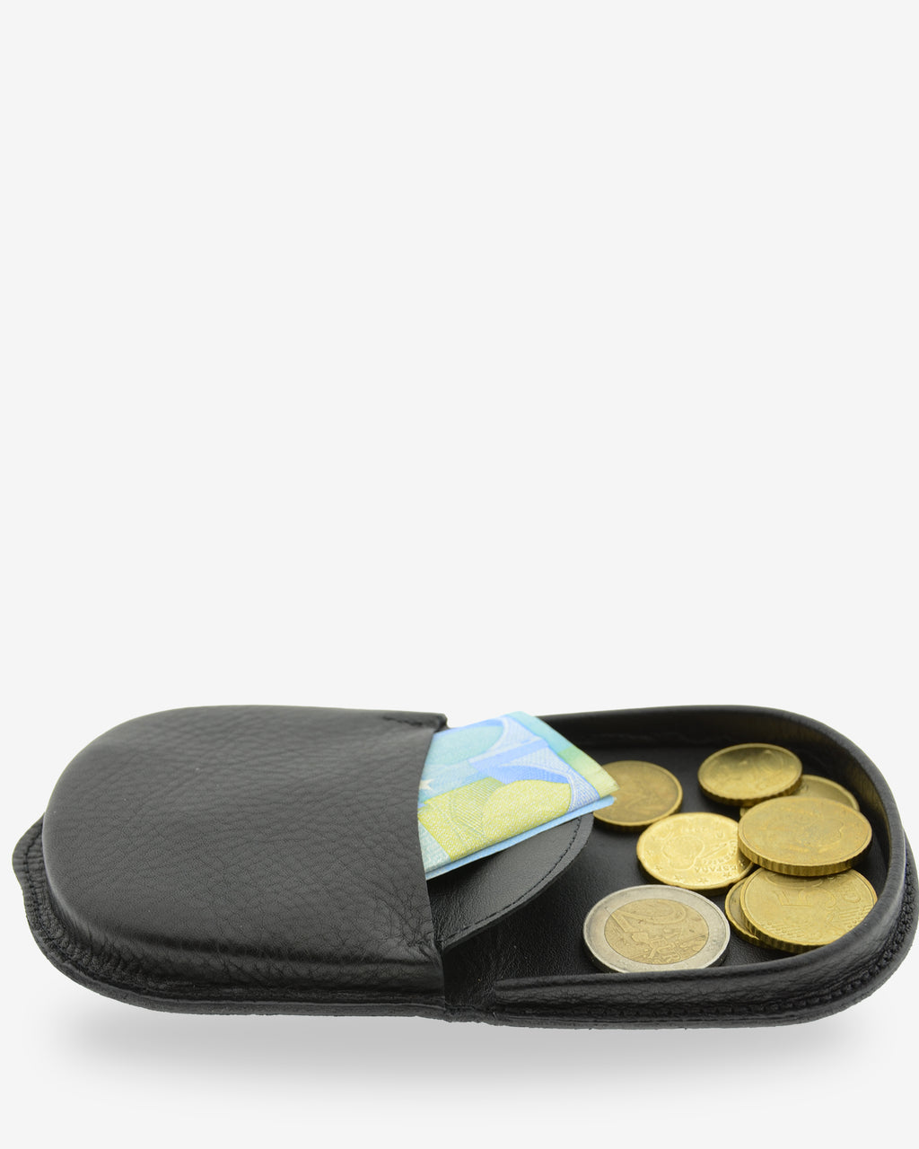 Monedero taco embutido 8102 en color negro, interior abierto con monedas y un billete