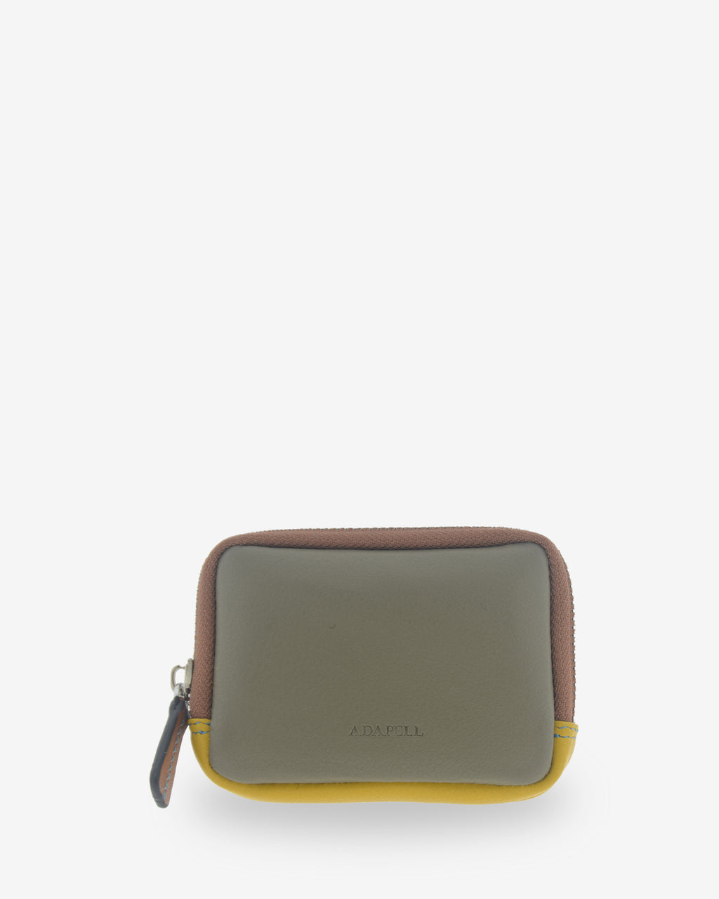 Monedero de mujer Atelier en color Verde Musgo, vista frontal con cierre perimetral de cremallera, combinación de tonos y logo Adapell grabado.