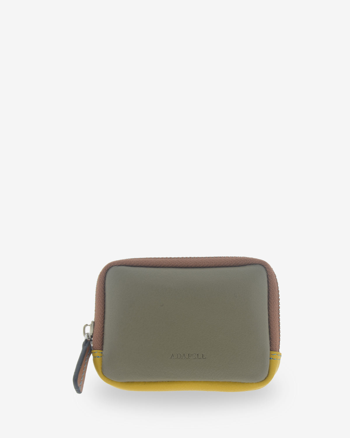 Monedero de mujer Atelier en color Verde Musgo, vista frontal con cierre perimetral de cremallera, combinación de tonos y logo Adapell grabado.