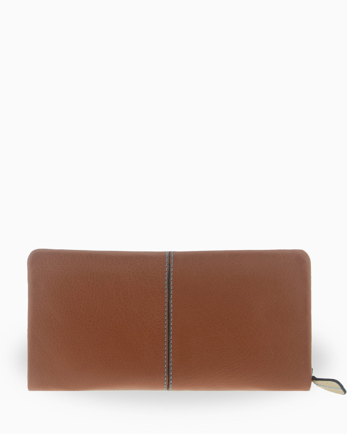 Cartera grande de mujer Atelier en color Caramel, vista trasera con diseño rectangular, acabado de piel suave y pespunte vertical de contraste.