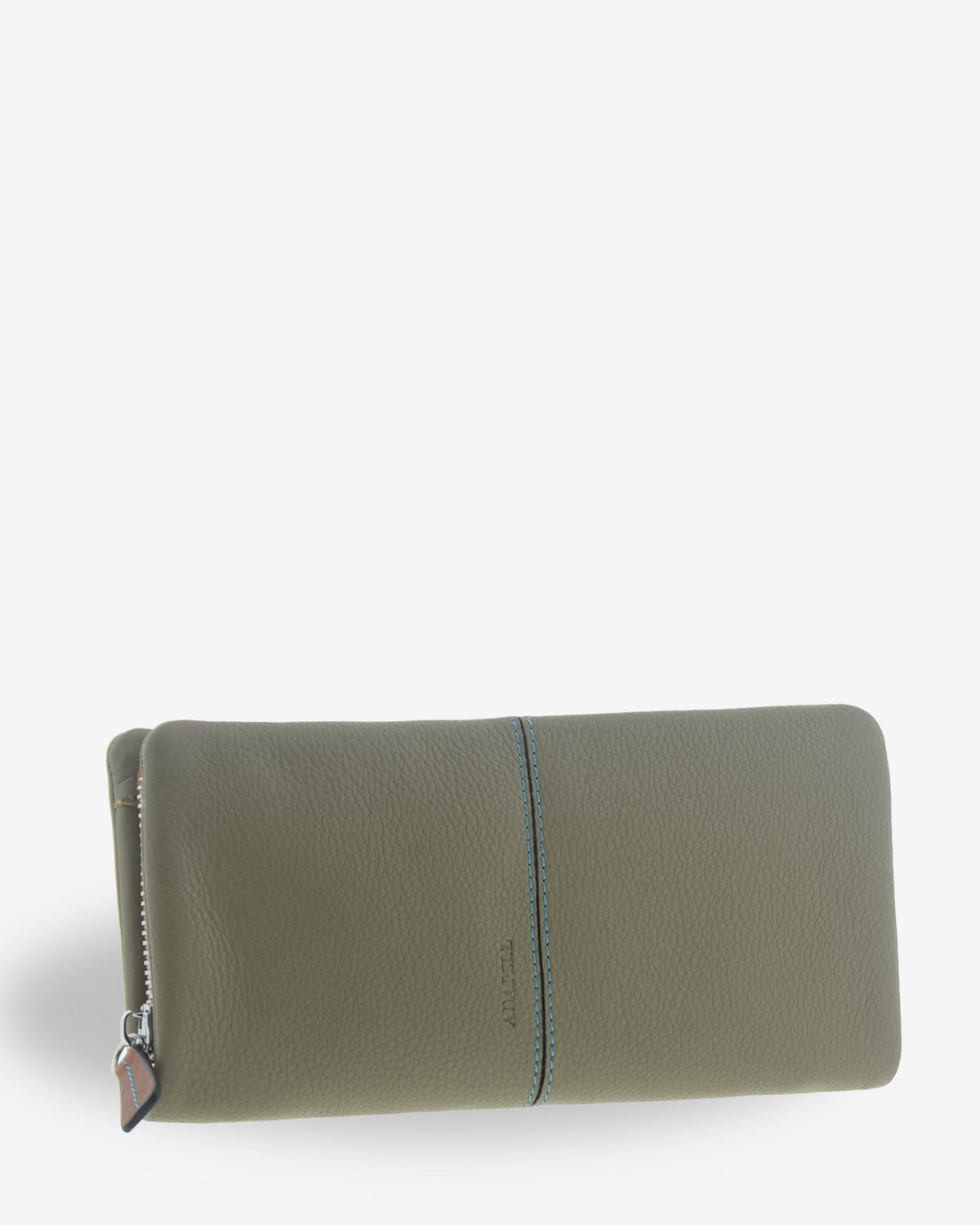 Cartera grande de mujer Atelier en color Verde Musgo, vista frontal tres cuartos con cierre perimetral de cremallera, pespunte de contraste y logo Adapell grabado.