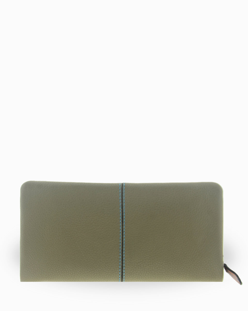 Cartera grande de mujer Atelier en color Verde Musgo, vista trasera con diseño rectangular, acabado de piel suave y pespunte vertical de contraste.