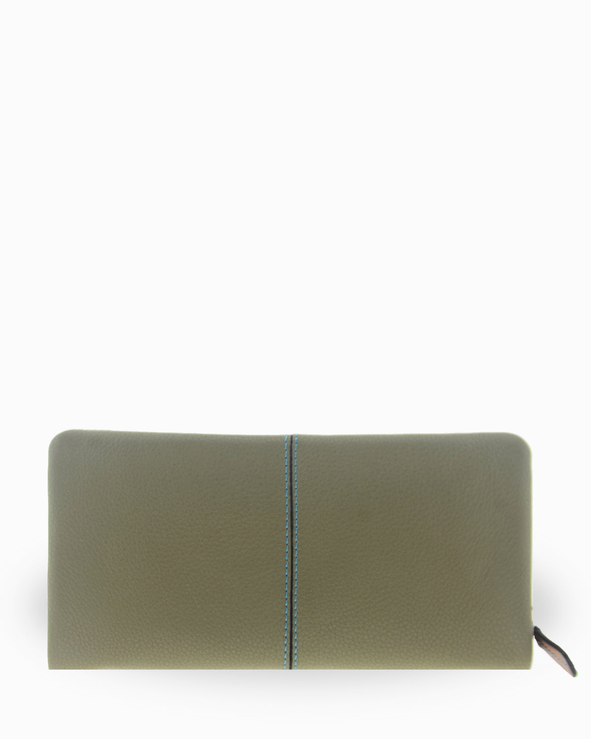 Cartera grande de mujer Atelier en color Verde Musgo, vista trasera con diseño rectangular, acabado de piel suave y pespunte vertical de contraste.