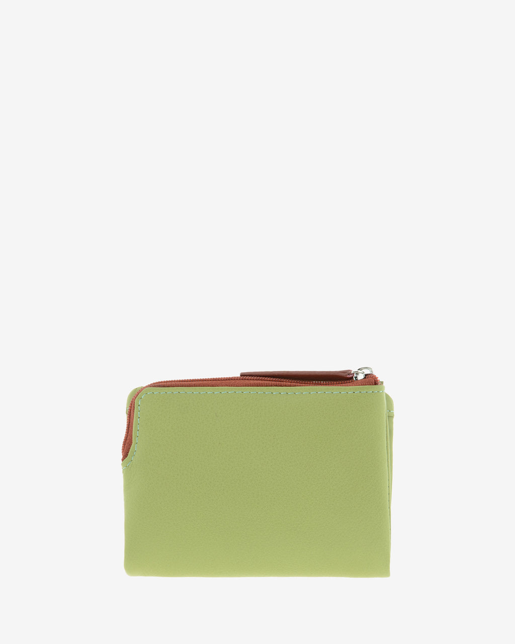 Cartera pequeña de mujer Brisa en color Verde Sage, vista trasera con acabado de piel extra suave y cremallera visible en la parte superior.