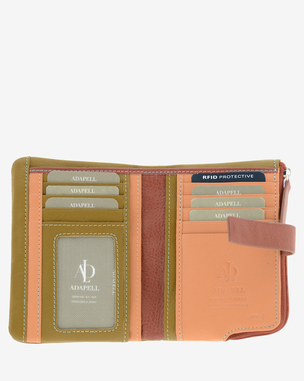 nterior de la cartera pequeña de mujer Brisa en color Ámbar Ébano, abierta, con ranuras para tarjetas y ventana de identificación.
