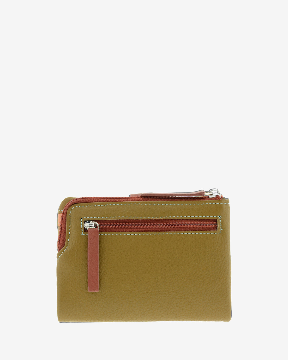 Cartera pequeña de mujer Brisa en color Ámbar Ébano, vista trasera con bolsillo exterior con cremallera.