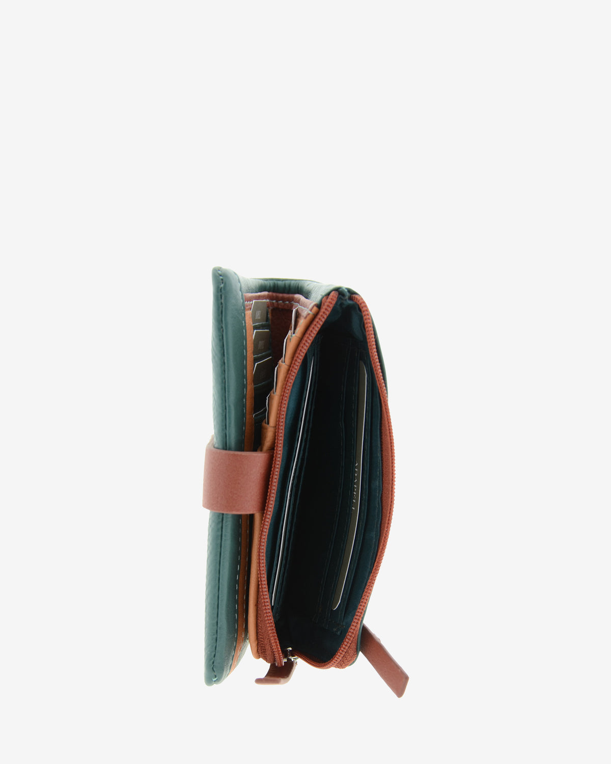 Vista lateral de la cartera pequeña de mujer Brisa en color Ocean Teal, mostrando el monedero de cremallera abierto.
