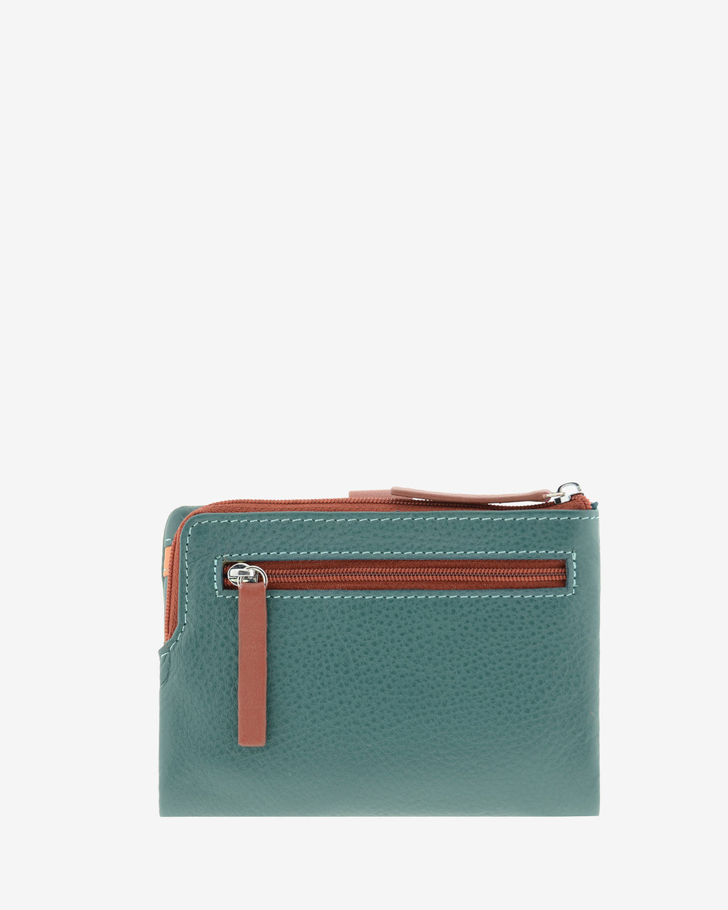 Cartera pequeña de mujer Brisa en color Ocean Teal, vista trasera con bolsillo exterior con cremallera.