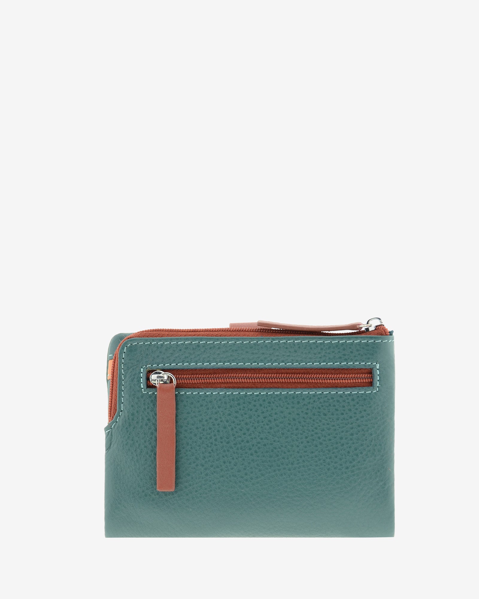 Cartera pequeña de mujer Brisa en color Ocean Teal, vista trasera con bolsillo exterior con cremallera.
