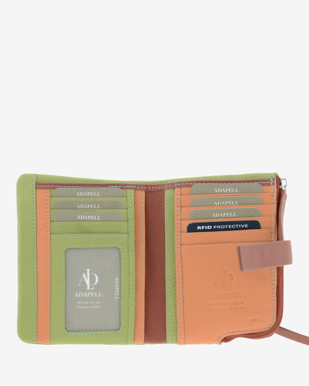 Interior de la cartera pequeña de mujer Brisa en color Verde Sage, abierta, con ranuras para tarjetas y ventana de identificación.