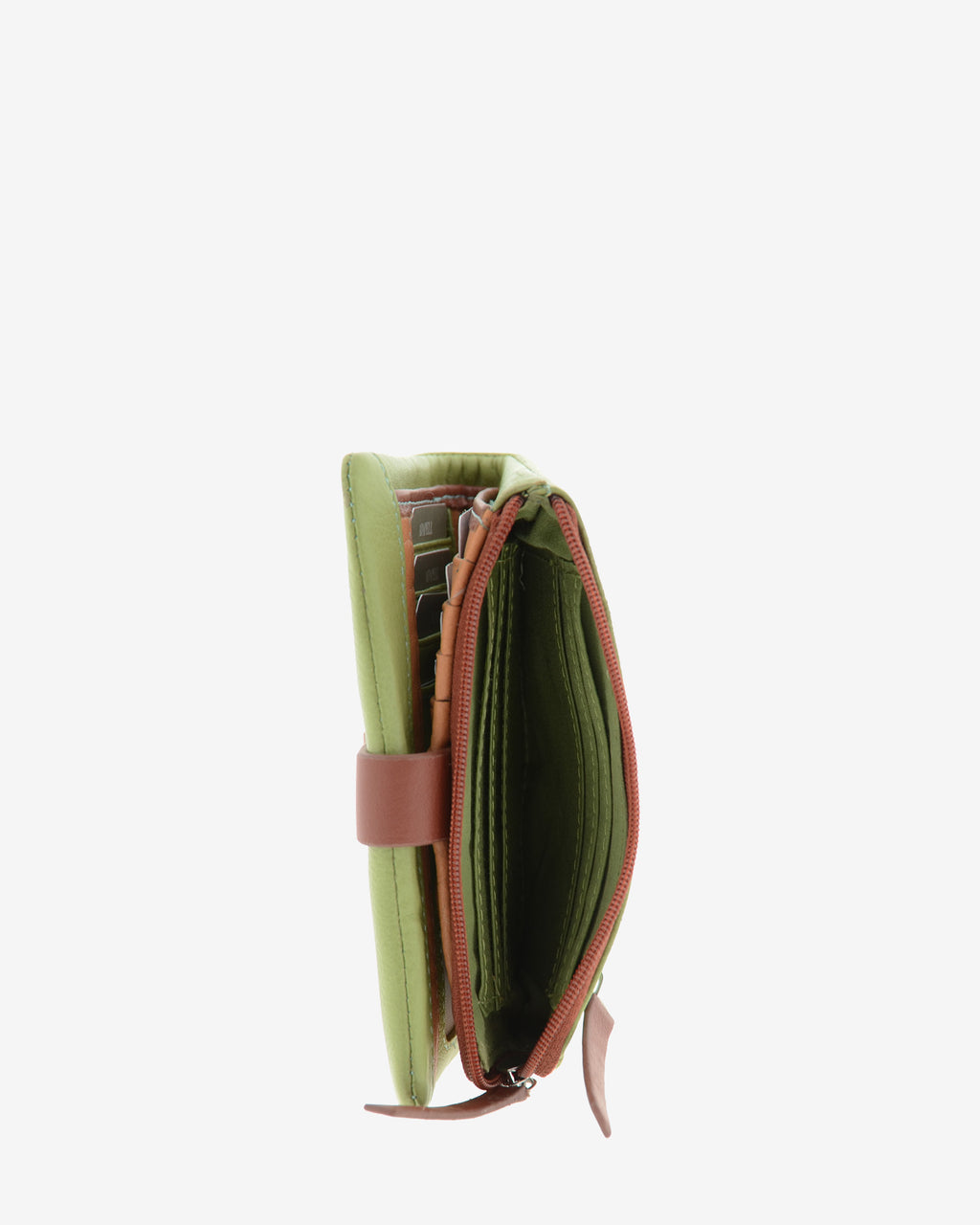 Vista lateral de la cartera pequeña de mujer Brisa en color verde Sage, con monedero de cremallera abierto.
