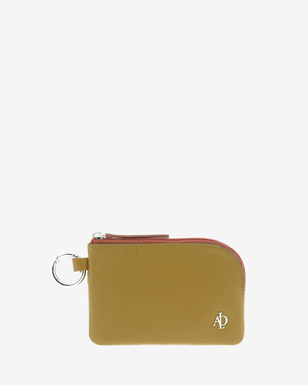 Monedero de mujer Brisa en color Ámbar Ébano, vista frontal con cierre de cremallera, anilla metálica lateral y logo Adapell.