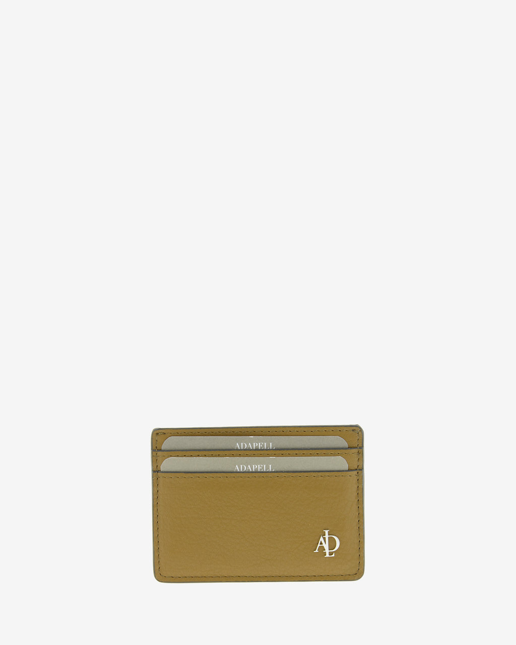 Tarjetero de mujer Brisa en color Ámbar Ébano, vista frontal con dos ranuras para tarjetas y logo metálico Adapell.