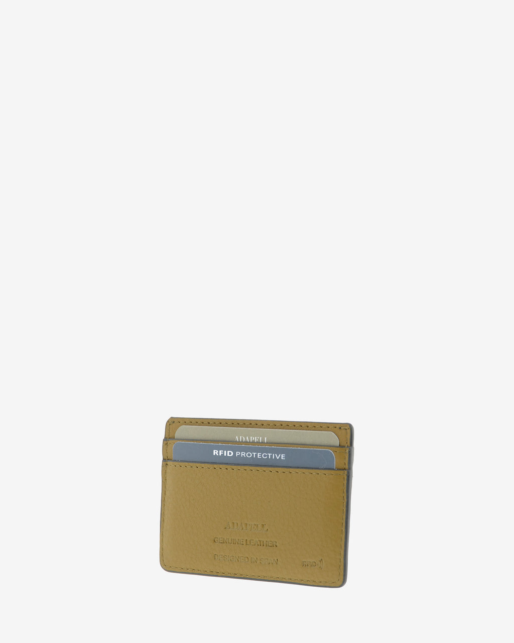Tarjetero de mujer Brisa en color Ámbar Ébano, vista trasera en tres cuartos con dos ranuras para tarjetas y grabado Adapell.