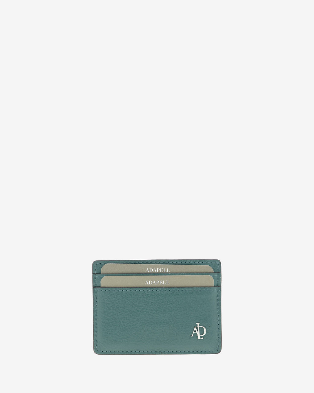 Tarjetero de mujer Brisa en color Ocean Teal, vista frontal con dos ranuras para tarjetas y logo metálico Adapell.
