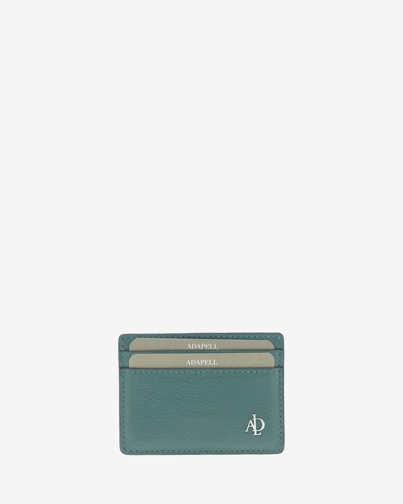 Tarjetero de mujer Brisa en color Ocean Teal, vista frontal con dos ranuras para tarjetas y logo metálico Adapell.