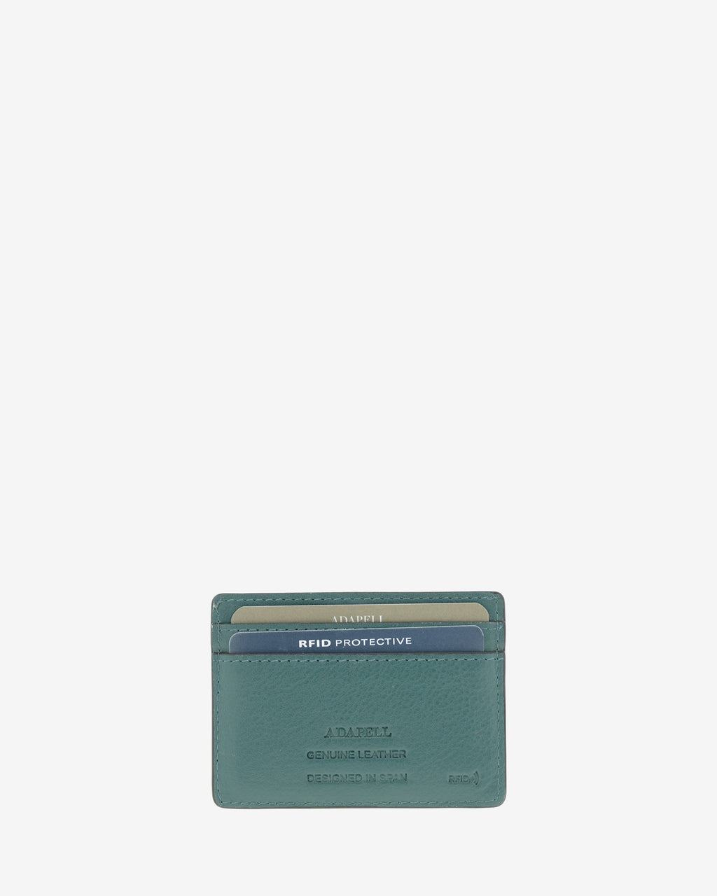 Tarjetero de mujer Brisa en color Ocean Teal, vista trasera con dos ranuras para tarjetas y marcado RFID.