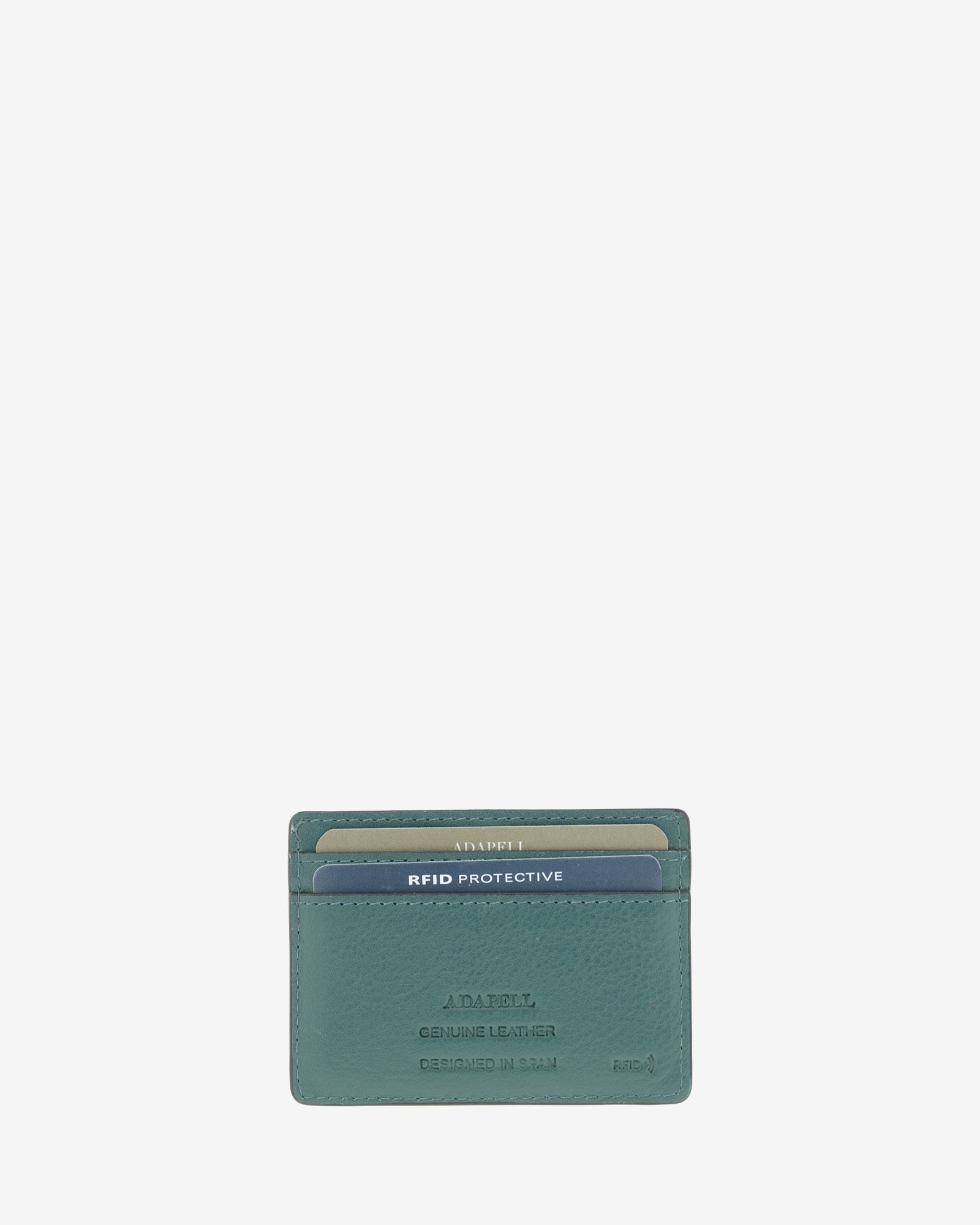 Tarjetero de mujer Brisa en color Ocean Teal, vista trasera con dos ranuras para tarjetas y marcado RFID.