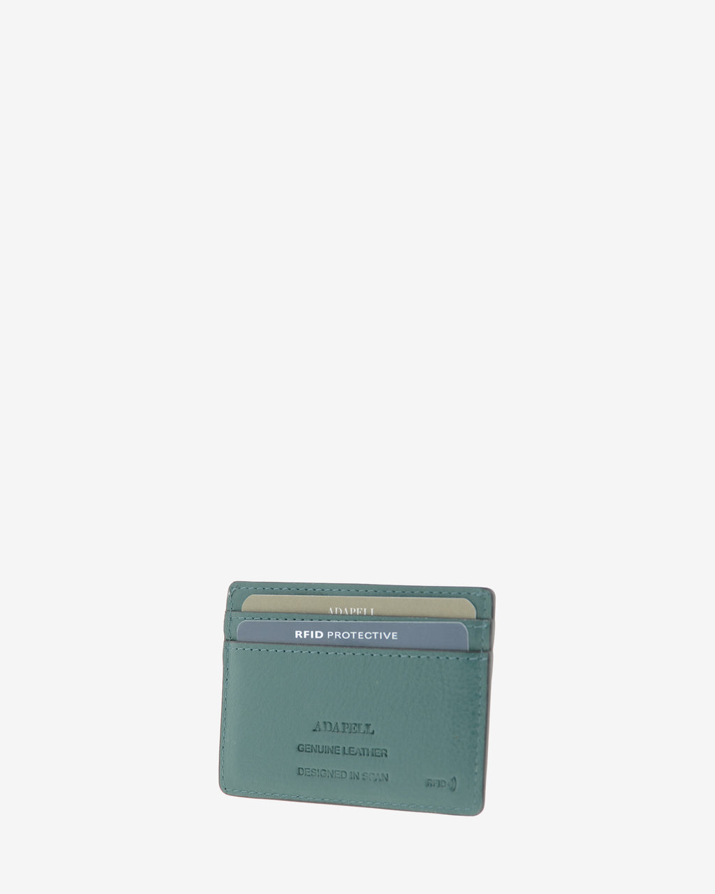 Tarjetero de mujer Brisa en color Ocean Teal, vista trasera en tres cuartos con dos ranuras para tarjetas y grabado Adapell.
