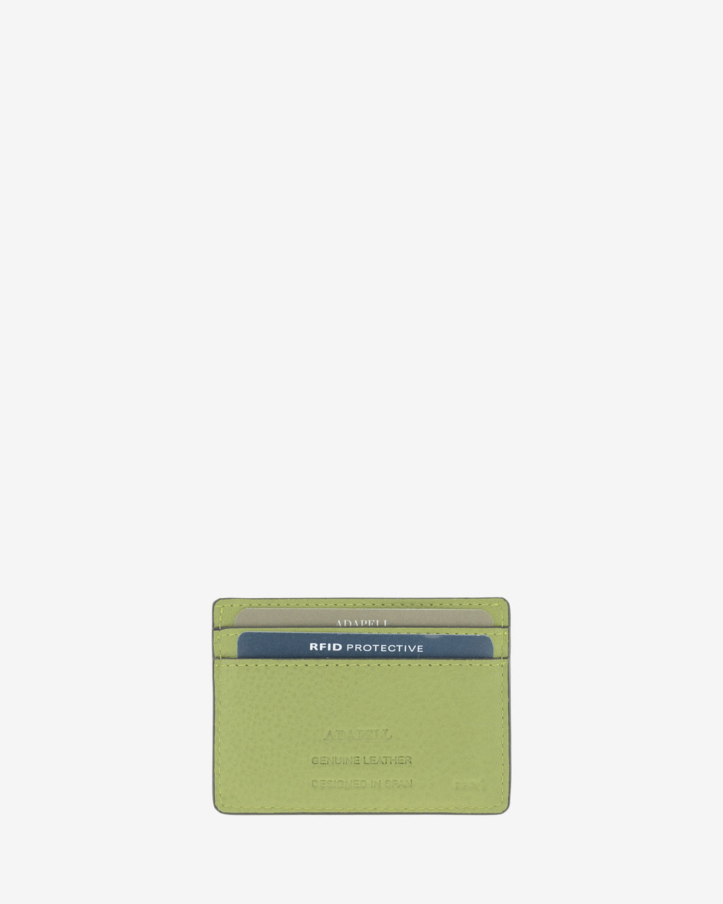 Tarjetero de mujer Brisa en color Verde Sage, vista trasera con dos ranuras para tarjetas y marcado RFID.